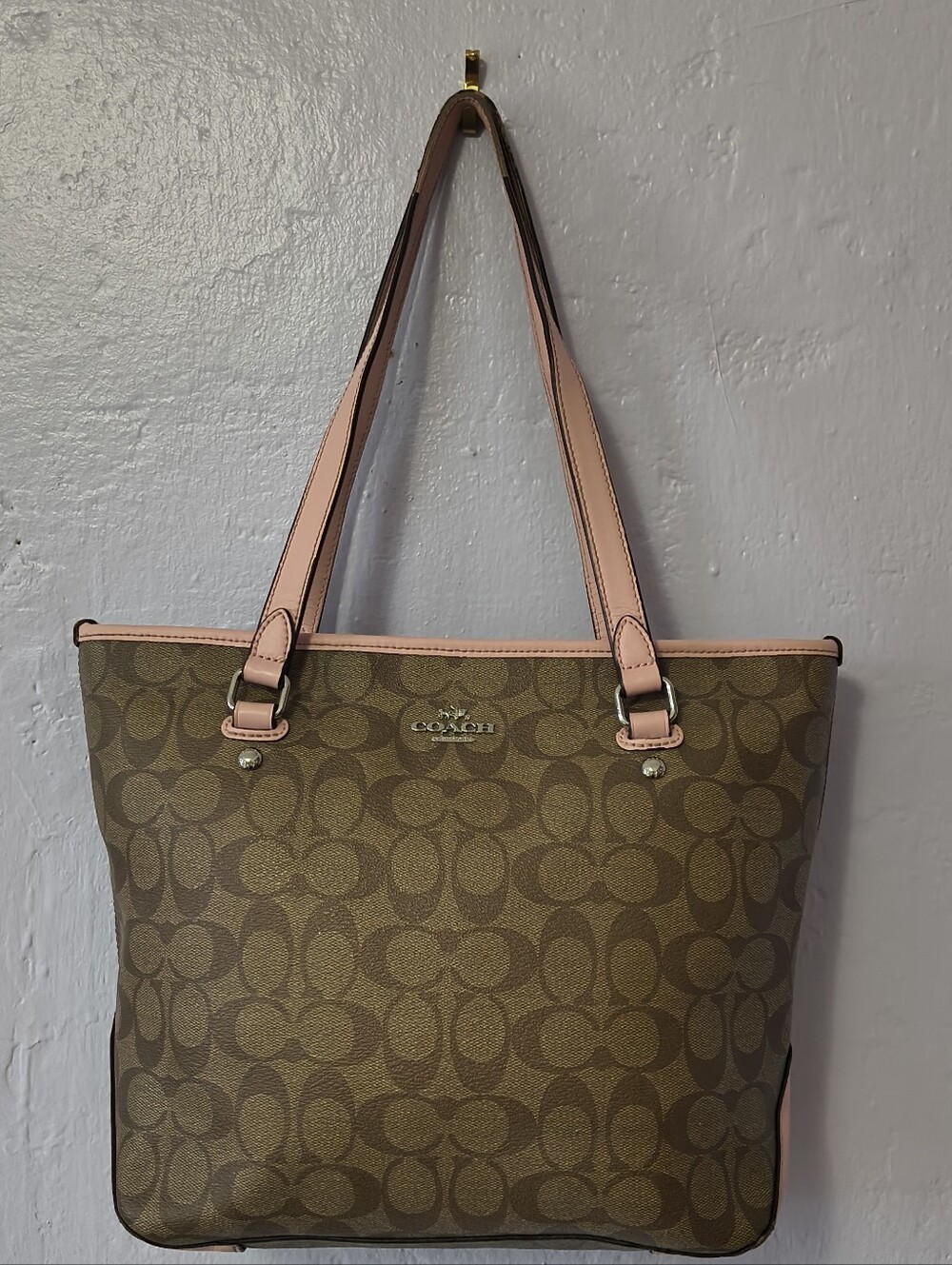 Coach Brown Monogram Tote with Pink Trim